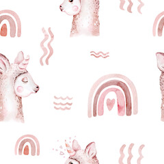 Watercolor painting seamless pattern with white cute llama animal. Llamas cartoon america. Boho cactus textile design, Baby girl decoration, baby shower art © kris_art