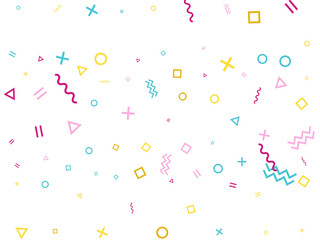 Memphis style geometric confetti background with triangle, circle, square, zigzag and wavy line
