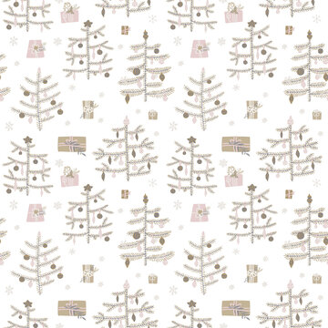 Vector seamless pattern in scandinavian style. Beautiful doodle ornament decorated Christmas fir trees with gift boxes. Endless Xmas background in hygge style.