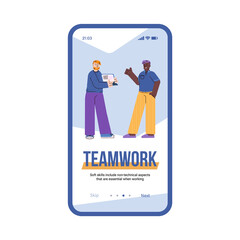 Onboarding page design with teamwork inscription and business people, flat vector illustration isolated on white background. Mobile app screen for business purpose.