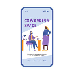 Coworking space onboarding mobile screen template with coworkers team working together, flat cartoon vector illustration. Background for mobile application of coworking.