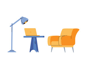 Fototapeta premium Office or home workplace furniture the chair and desk with laptop, flat vector illustration isolated on white background. Furnishing of work space or coworking room.