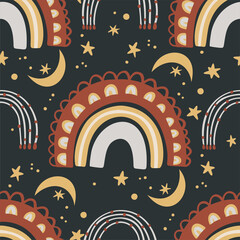 Kids bohemian rainbow, star and moon seamless pattern. Hand drawn celestial ethnic boho background for fabric print and cute nursery design.
