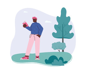 Guy enthusiastically reads an interesting book hold in hand. Fan, lover of literature or student with textbook outdoor. Leisure, hobby or study. Vector flat illustration.