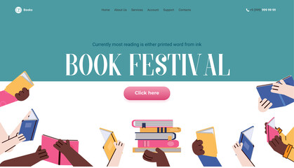 Web site page for book festival with hands of readers with books, flat cartoon vector illustration. Literature and book publishing event advertising web page template.