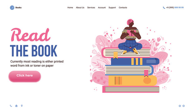 Website interface template with woman reading on huge stack of books, flat cartoon vector illustration. Bookstore or online library landing web page mockup.
