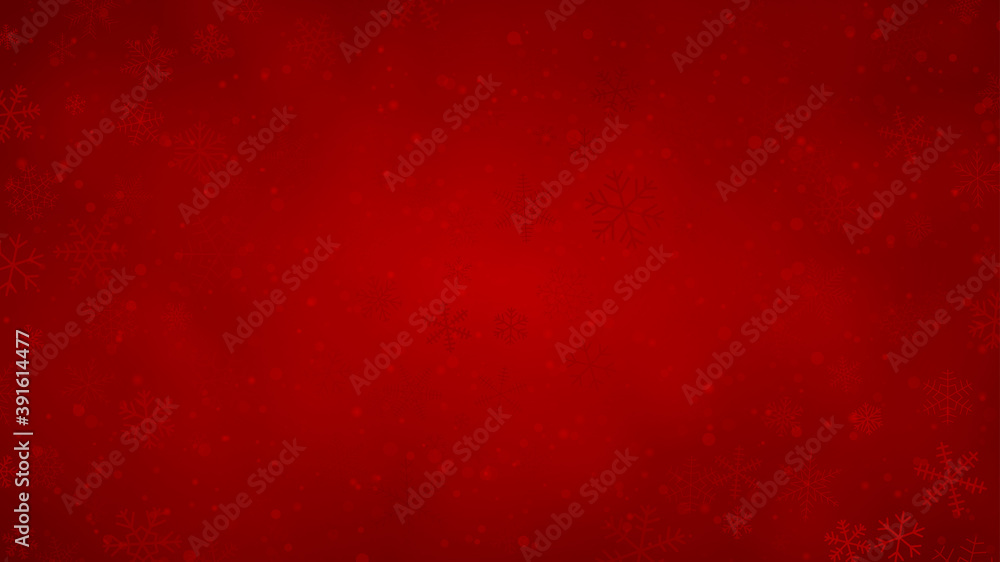 Wall mural christmas background of snowflakes of different shapes, sizes and transparency in red colors