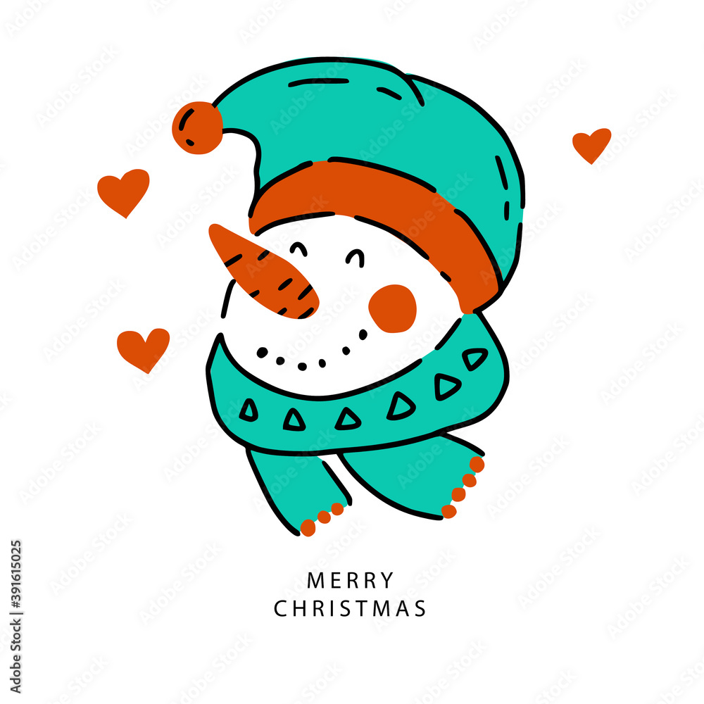 Poster Snowman icon with heart. Christmas winter holiday vector illustration. Merry Christmas hand drawn card in doodle style. Traditional New Year symbol.