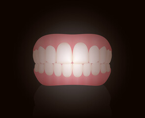 False teeth, dentures. Isolated vector illustration on black background.
