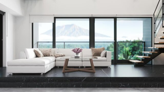 Modern living room with comfortable sofa near windows. Luxury living room area near glass windows. Panoramic windows in the living room. 3d visualization