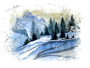 Watercolor winter landscape with mountain views. Winter pine forest at daytime. Christmas background for greeting cards.