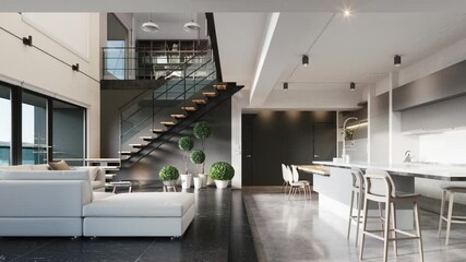 Modern kitchen with living room area. luxury living room design. 3d visualization - Powered by Adobe