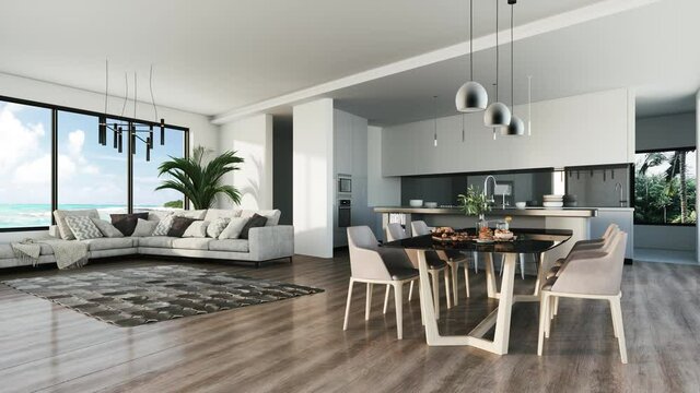 Modern kitchen interior with tropical view. 3d visualization