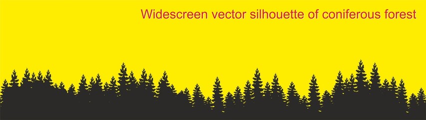 View to panorama of realistic forest silhouette. Silhouette of fir trees, forest landscape.