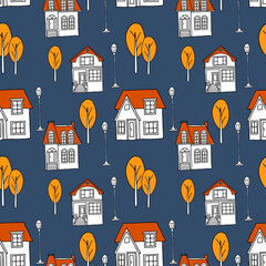 Vector seamless pattern with hand drawn trees and houses on a dark blue background. Creative texture for fabric, wrapping, textile, wallpaper, apparel