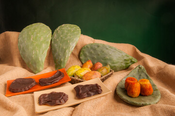 Prickly pears and sicilian mostarda on a table with a wicker basket