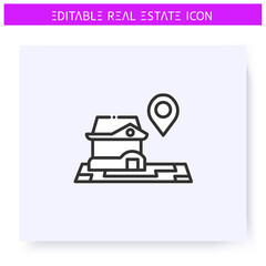 House location line icon. Convenient location of the home. Real estate agency, housing business concept. Lease home and housing amenities. GPS service. Isolated vector illustration. Editable stroke 