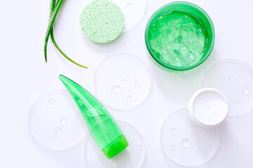Natural herbal skin care products on white background. Aloe vera products. Top view