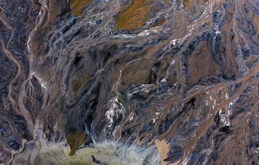 Ajka, Hungary - Aerial view of the famous red mud disaster site, abstract lines, surreal landscape, icelandic feeling.