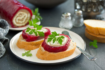 chicken liver pate with berry jelly. Selective focus.