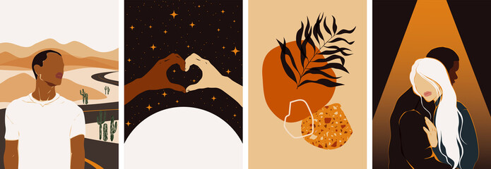 Collection of contemporary abstract art posters. Paper cut male & female, abstract & floral collages, landscape scenes. Design for social media, wallpapers, postcards, prints, romance.