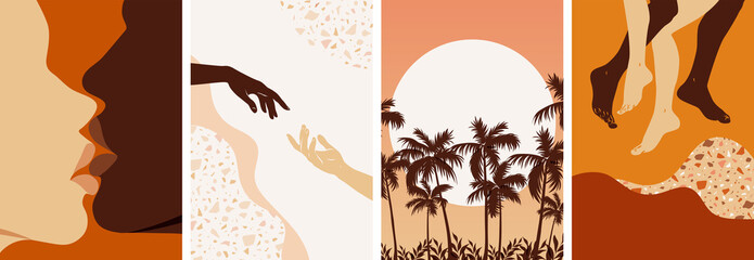 Collection of contemporary abstract art posters. Paper cut male & female, abstract & floral collages, landscape scenes. Design for social media, wallpapers, postcards, prints, romance.