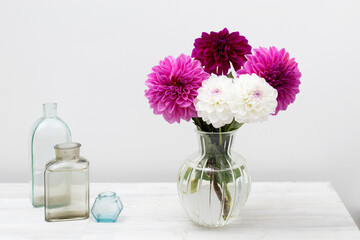 Bouquet of purple and white autumn dahlias in vase on white background.