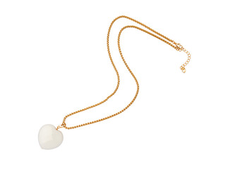 Female white heart shaped agate pendant with golden chain on white background