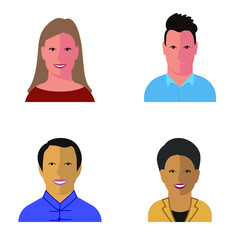 Set of four people different races. Faces avatars on the topic of business, education. Vector illustration in flat style.