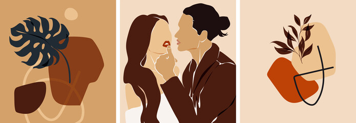 Collection of contemporary abstract art posters. Paper cut male & female, abstract & floral collages, landscape scenes. Design for social media, wallpapers, postcards, prints, romance.