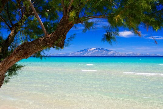 Beach on the island of Lefkada with a view of Kefalonia and the Ionian Sea of Greece.