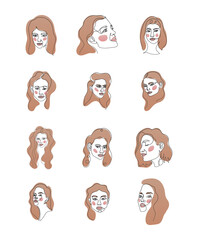 set of line women faces with brown hair