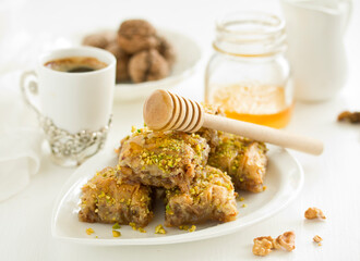 baklava is an oriental sweetness. Selective focus.