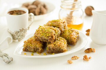 baklava is an oriental sweetness. Selective focus.