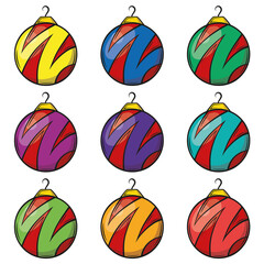 set of christmas colorful balls with simple shadows on white background isolated