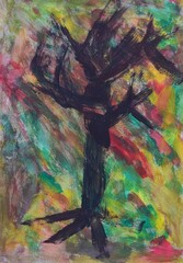 Fototapeta na wymiar Herbstbaum - Kinderzeichnung mit Pinsel und Farbe