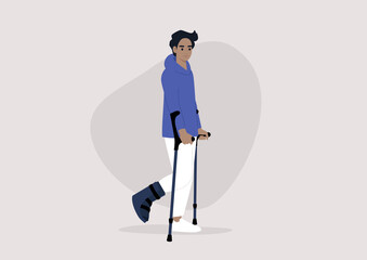 A young male character with a fractured leg using crutches to walk, health care