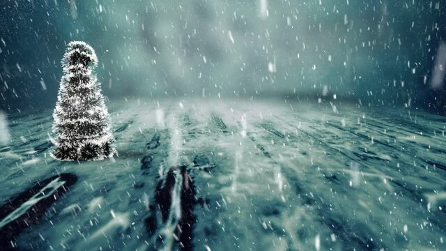 spinning christmas tree with blinking light under falling snow on ice background