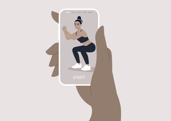 A young female Asian digital instructor doing squats, an online workout scene, sport outfit