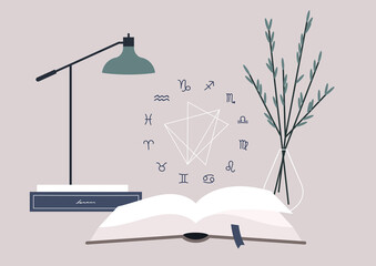 A modern astrology concept, a natal chart scheme with zodiac signs  hovering over the open book