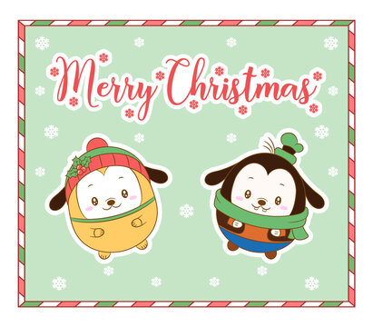 merry Christmas cute dog drawing with red berry hat and scarf card tags
