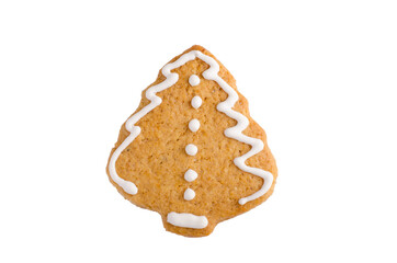 christmas tree honey gingerbread cookies homemade decorated with icing isolated on white background