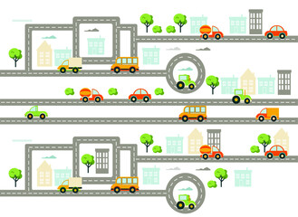 Baby City map with roads, transport, trees and houses. Flat vector illustration.