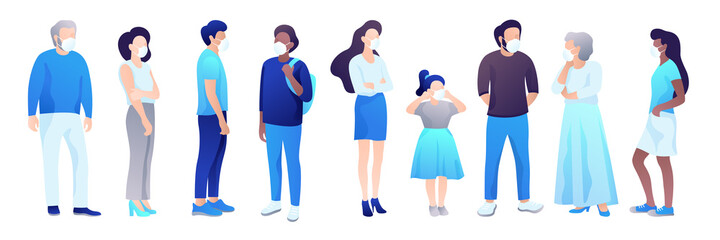 Fototapeta premium Multicultural men, women, children and seniors wearing medical masks during the epidemic. Group of multiethnic people standing isolated on white background vector illustration