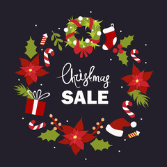 Beautiful Christmas wreath with leaves, flowers and gifts. Cartoon flat decoration. Christmas sale text.Vector illustration. Template, frame for banner, poster, postcard, flyer.