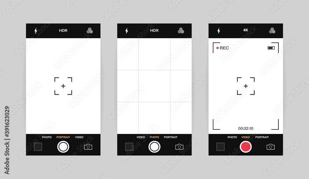 Wall mural phone camera interface vertical view. mobile app application. photo and video shooting. vector illus