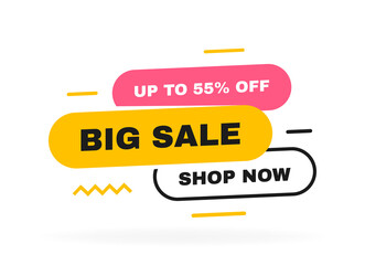 Big sale banner design with geometric elements. Shop now and up to 55 percent off. Banners template design for business, promotion, sale and advertising. Vector illustration