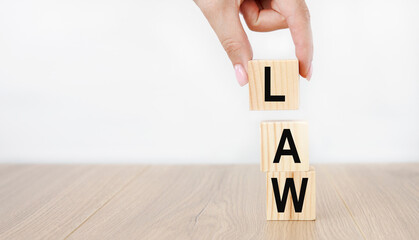 On wooden cubes the text law is held by a girl.