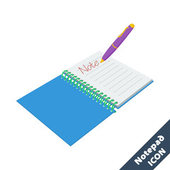 Notepad and pen 3D vector icon. Illustration in flat style isolated on white background.