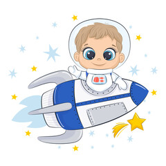 Cute spaceman with spaceship and stars. Childish illustration